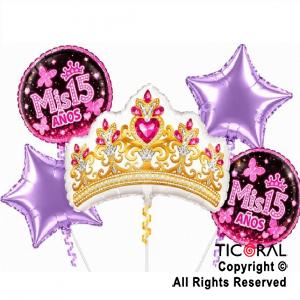 SET DE GLOBOS METALIZADO MIS 15 A�OS CORONA PRINCESA 5 UNIDADES